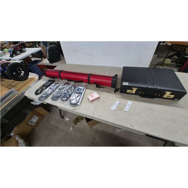 Red fishing rod Tube Case, Black Briefcase, 4 Pkgs Ice Grips, and Bee Playing Cards