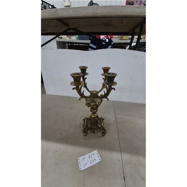 Ornate Five-Light Candelabra, Gold-Tone Metal, Square Base, Scrollwork and Figural Details