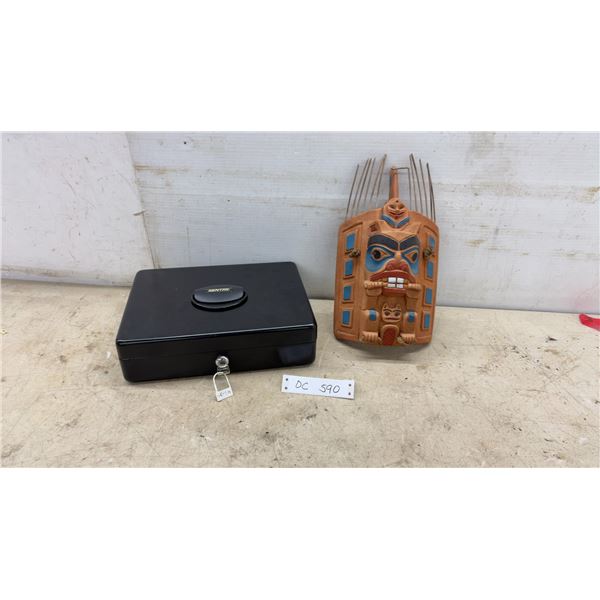 Sentry Metal Cash Box with Key and Haida Carved Wooden Beaver Headpiece by J. Wolf