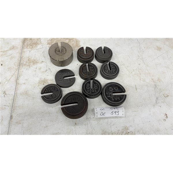 Antique Cast Iron Slotted Scale Calibration Weights, Imperial and Metric, 1/2 Pound
