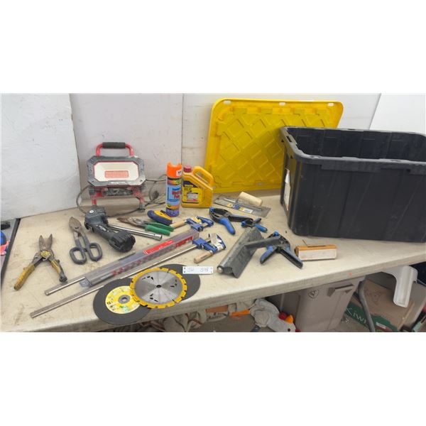 Snap-on Corded LED Work Light and Assortment of Hand Tools, Saw Blades, Clamps, Tote