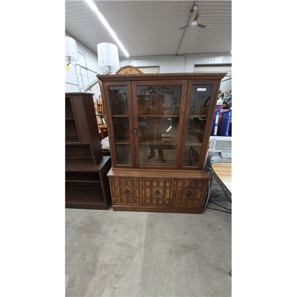 Dark Wood China Cabinet with Glass Doors and 3 Lower Cabinets. 71”×53”×17”