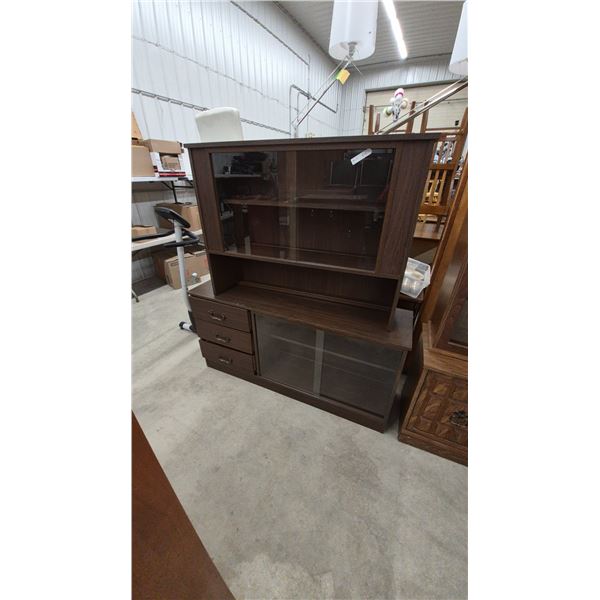 Brown Wood Hutch and Cabinet with Glass Doors and 3 Drawers. 64”×60”×16”