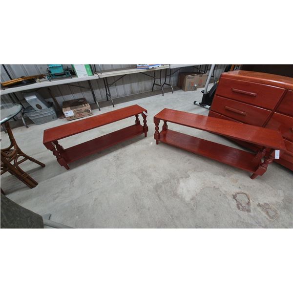 Pair of Red-Stained Wood Two-Tier Console stands 17”×47”×12”
