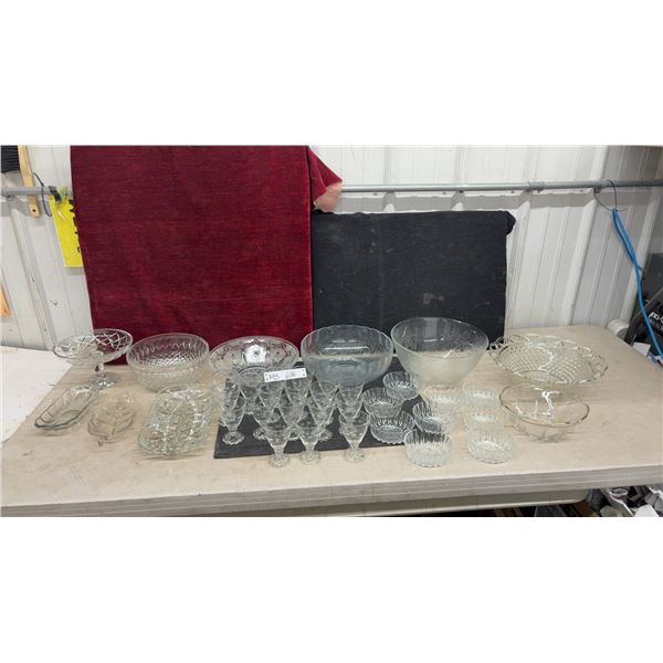 Assortment of Crystal/ Pressed Glass Serving Bowls, Pedestal Compote, Stemware