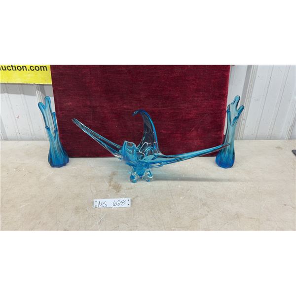 3 Pcs Blue Art Glass, Centerpiece and 2 Stretch Vases