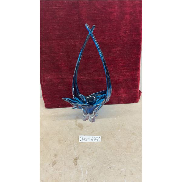 Vintage Blue Art Glass Basket Vase with Crossed Handles- 20.5” Tall