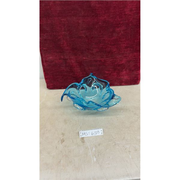Blue Art Glass Sculptural Bowl with Undulating Petal Edges