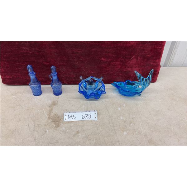 4 Pcs Blue Art Glass Collection, Cruets with Stoppers, Basket Dish, Dolphin Dish