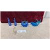 Image 1 : 4 Pcs Blue Art Glass Collection, Cruets with Stoppers, Basket Dish, Dolphin Dish