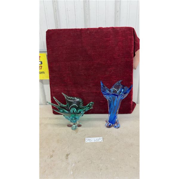 Teal and Green Sommerso Art Glass, Bird Footed Centerpiece Bowl and Vase- 13.5” Tall