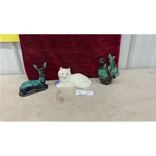 Ceramic Figurines: Drip Glaze Deer and Rooster, Pearlescent White Cat