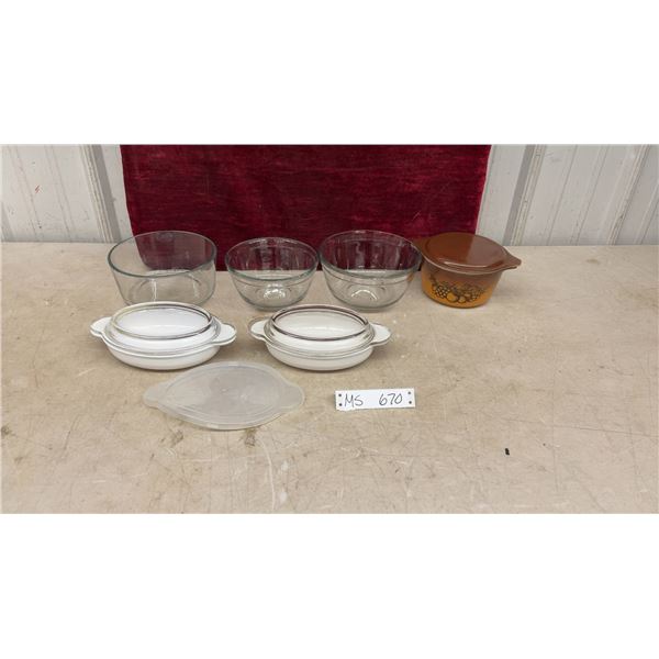 6 Pcs, Anchor Hocking Glass Mixing Bowls, Pyrex Old Orchard Casserole, Corning Ware White Lidded