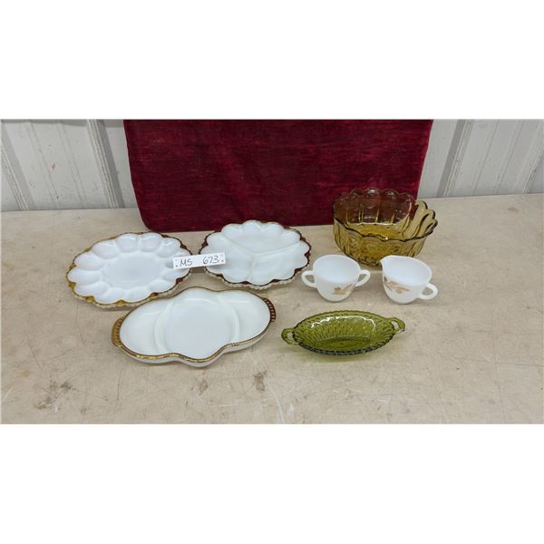 Fire-King Milk Glass Serving Set, Amber Bowl and Avocado Green Dish