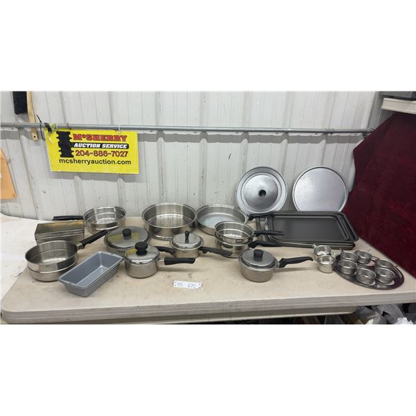Stainless Steel Cookware Lot Including Pots, Pans, Lids, Steamer, Loaf Pan, Egg Poacher
