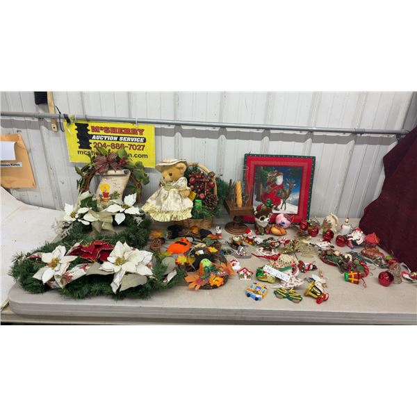 Large Lot of Christmas Decorations Including Wreaths, Garland, Ornaments, Teddy Bear in Basket and