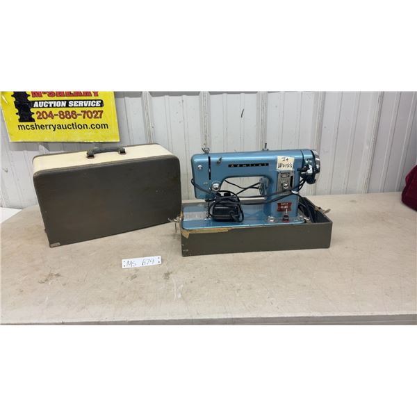 Vintage Admiral Super Deluxe Precision Made Blue Sewing Machine with Carrying Case - Works