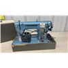 Image 2 : Vintage Admiral Super Deluxe Precision Made Blue Sewing Machine with Carrying Case - Works
