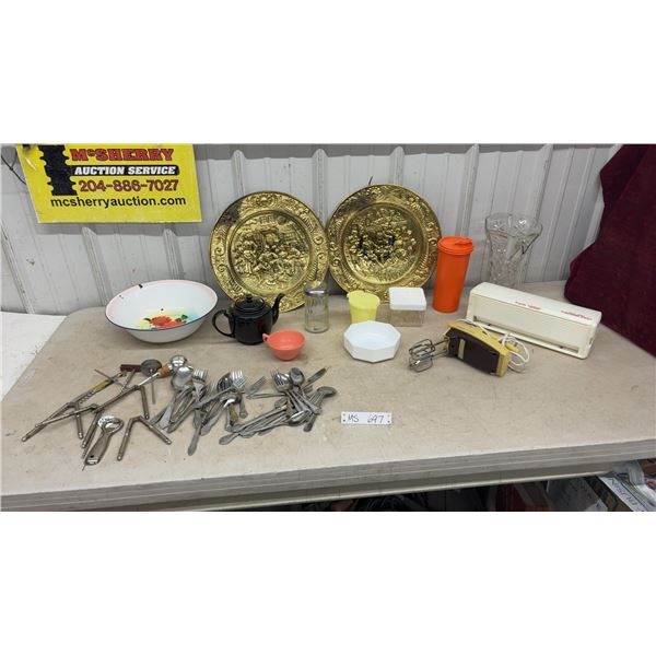 Kitchenware Lot: Sunbeam Mixmaster Handheld Mixer, Brass Wall Plates, Enamel Bowl, Flatware, Teapot