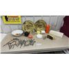 Image 1 : Kitchenware Lot: Sunbeam Mixmaster Handheld Mixer, Brass Wall Plates, Enamel Bowl, Flatware, Teapot