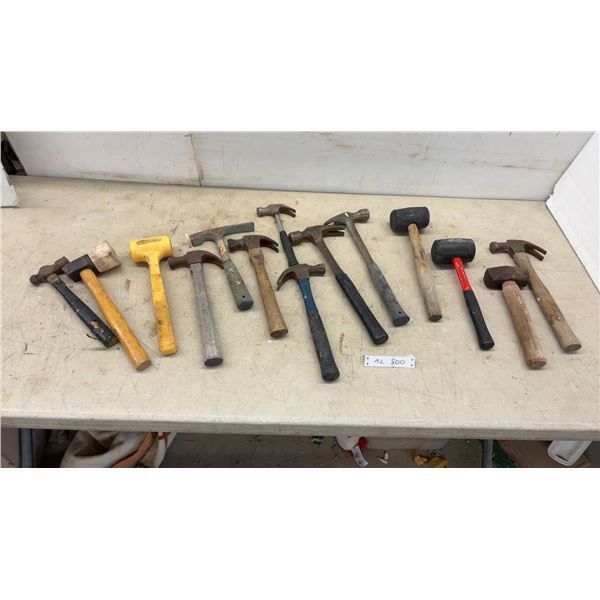 Assorted Hammers and Mallets Including Claw, Brick, Rubber, Tack, and Dead Blow