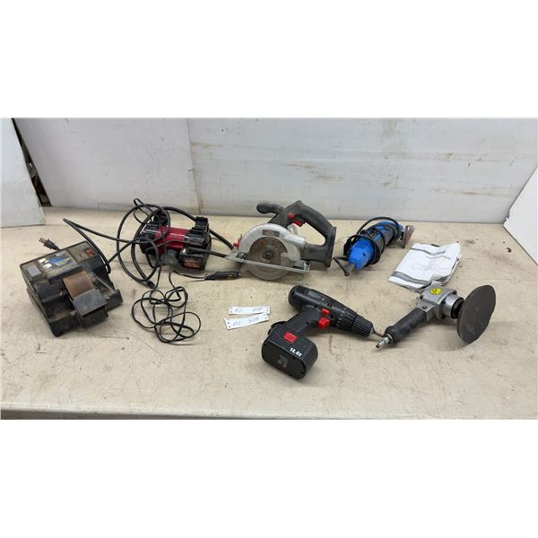 Wet Wheel Machine, MotoMaster Air Compressor, Cordless Circular Saw and Drill