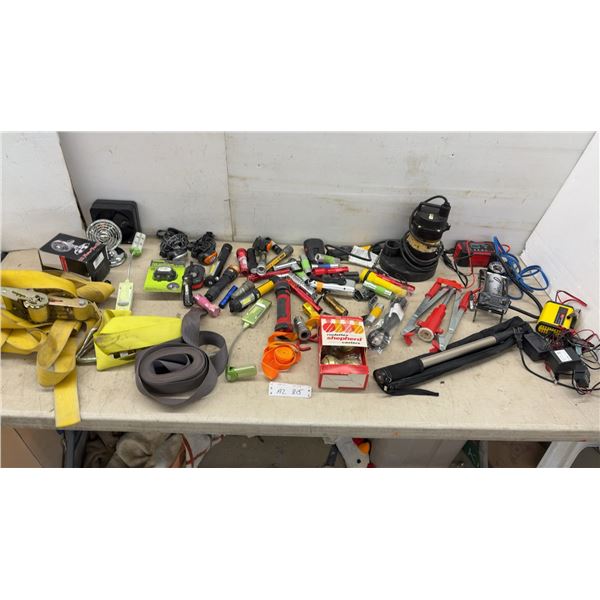 Mastercraft Submersible Sump Pump, 1/4 HP, 2600 GPH; Ratchet Straps; Fans; Flashlights