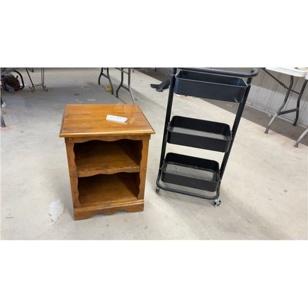 Wooden Two-Shelf Nightstand, 22 × 18 × 16” with Scalloped Edges and Black 3-Tier Rolling Utility