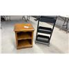 Image 1 : Wooden Two-Shelf Nightstand, 22 × 18 × 16” with Scalloped Edges and Black 3-Tier Rolling Utility