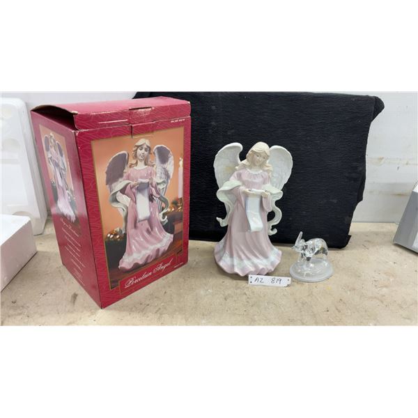 Porcelain Angel Figurine in Pink Gown with Scroll, 14” Tall and Cristal d'Arques Crystal Elephant