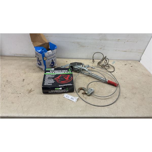 GRIP 10' 8-Gauge Booster Cables, Low-Profile Hydraulic Bottle Jack, and Come Along