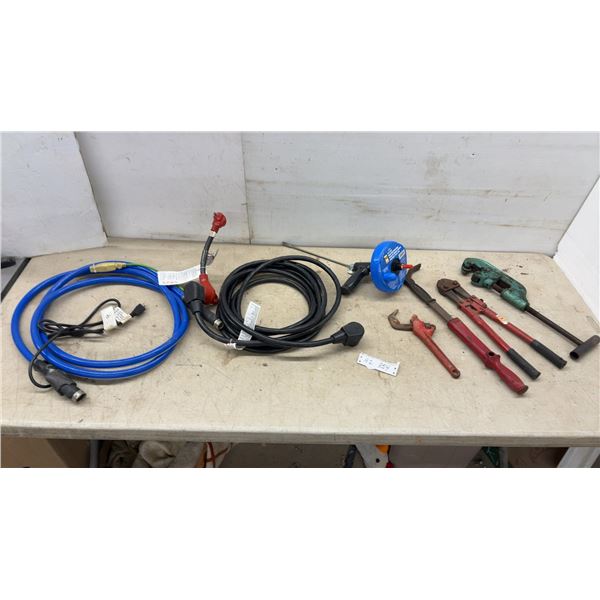 Mighty Cord 15A Male + 30A Female Adapter, Power Fast 1/8” x 25' Fish Tape, Pipe Cutter, Bolt