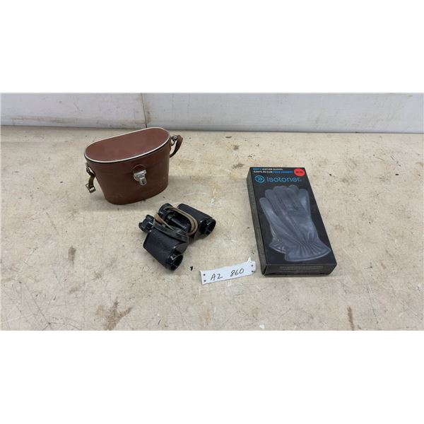 Vintage Agfa 8 × 30 Binoculars with Case and New Isotoner Men's Leather Gloves, Size Medium