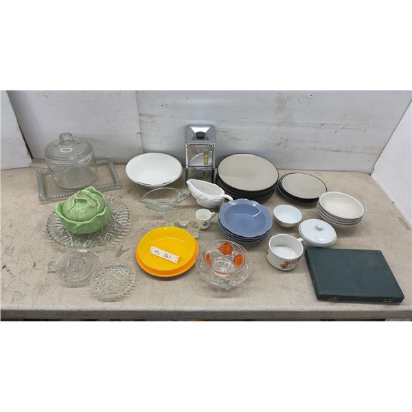 Mixed Lot of Ceramic Dinnerware, Glassware, Knife Set, 2-Piece Chrome Canister Set, Cabbage Tureen