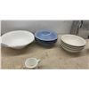 Image 4 : Mixed Lot of Ceramic Dinnerware, Glassware, Knife Set, 2-Piece Chrome Canister Set, Cabbage Tureen