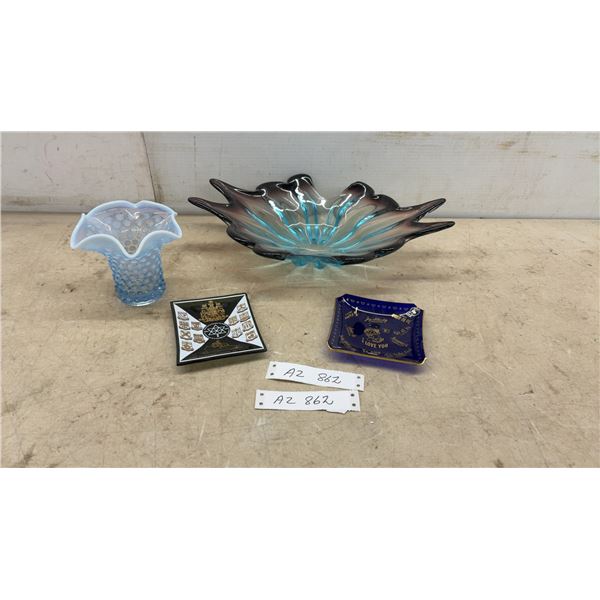 Fenton Style Blue Opalescent Hobnail Ruffled Glass Vase, Art Glass Bowl, and Decorative Trays