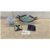 Image 1 : Fenton Style Blue Opalescent Hobnail Ruffled Glass Vase, Art Glass Bowl, and Decorative Trays
