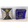 Image 2 : Fenton Style Blue Opalescent Hobnail Ruffled Glass Vase, Art Glass Bowl, and Decorative Trays