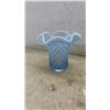 Image 3 : Fenton Style Blue Opalescent Hobnail Ruffled Glass Vase, Art Glass Bowl, and Decorative Trays