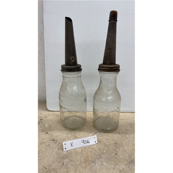 Two Vintage Glass Quart Motor Oil Bottles, Imperial and Huffman Manufacturing Co. with Spouts