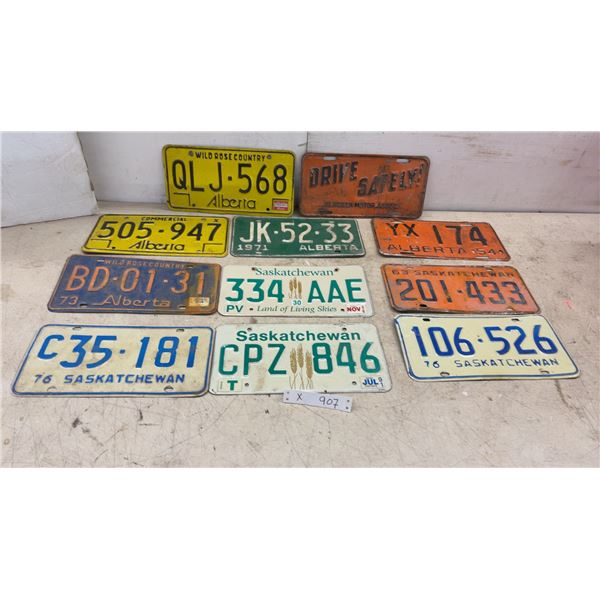 Ten Alberta and Saskatchewan License Plates, 1954-1998, Including Drive Safely Novelty