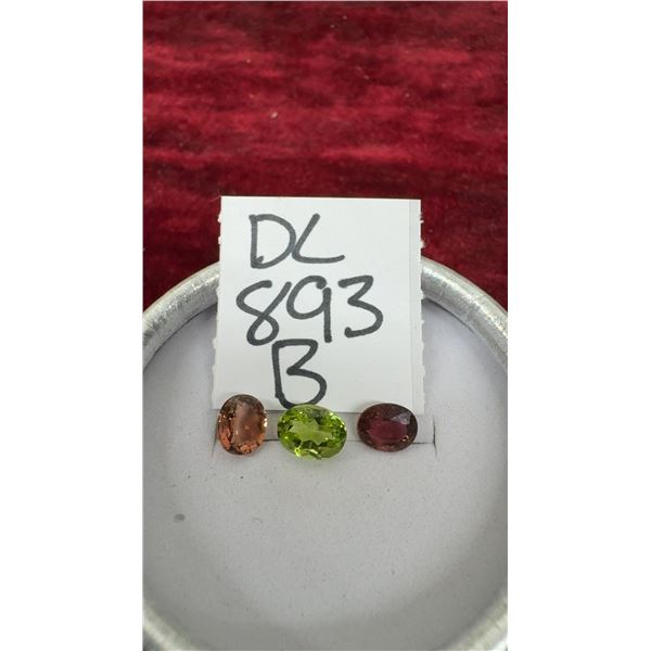 Orangish Pink Tourmaline, Green Peridot, and Purplish Pink Tourmaline