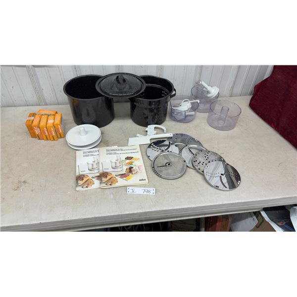 Braun Food Processor with Blades and Attachments, Strainer pot, 6 New Boxes of 78mm Canning Lids