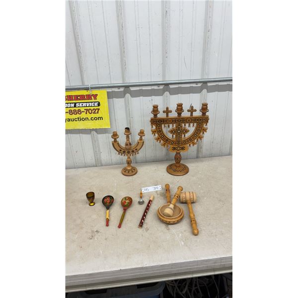 Ukrainian wooden 3 and 5-candle candelabras, Russian Khokhloma and Spoons, Wooden Flute