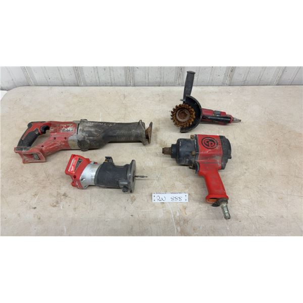 Milwaukee Sawzall, Milwaukee Compact Router, Chicago Pneumatic Impact Wrench, and Chicago