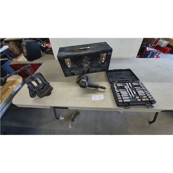 Vintage Pipe Vise, Black and Decker 3.0A Drill, Socket Set, and Metal Tool Box
