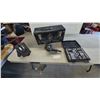 Image 1 : Vintage Pipe Vise, Black and Decker 3.0A Drill, Socket Set, and Metal Tool Box