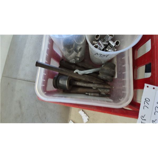 Assorted Sockets, Wrenches, Punches, and Other Tools in Red Crate and Plastic Containers