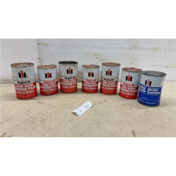 Seven International Harvester Low Ash Engine Oil and Inter-Season Multi-Viscosity Oil Cans, One