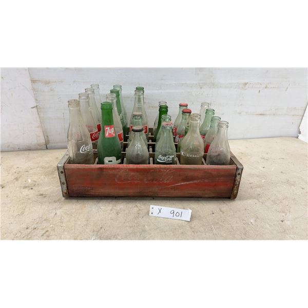 Vintage Coca-Cola Wooden 24-Bottle Crate with Assorted Glass Soda Bottles, 7Up